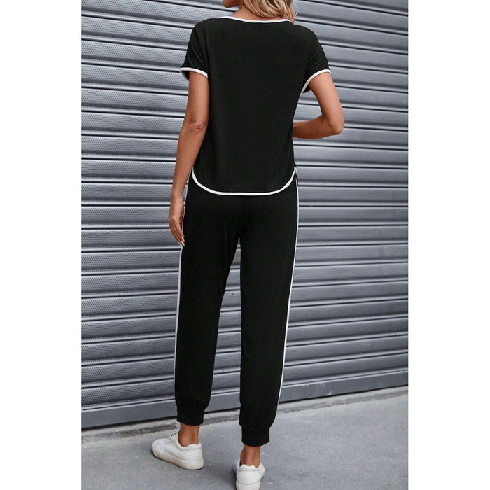 Contrast Trim Round Neck Top and Pants Set