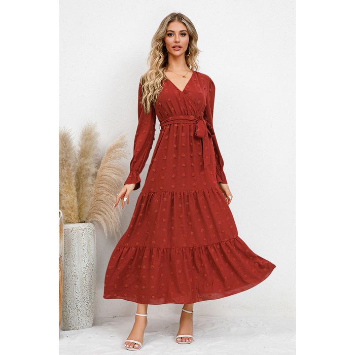 Swiss Dot Tied Surplice Flounce Sleeve Dress