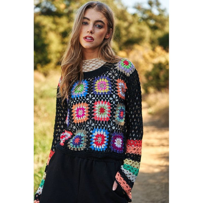 Floral Crochet Striped Sleeve Cropped Knit Sweater