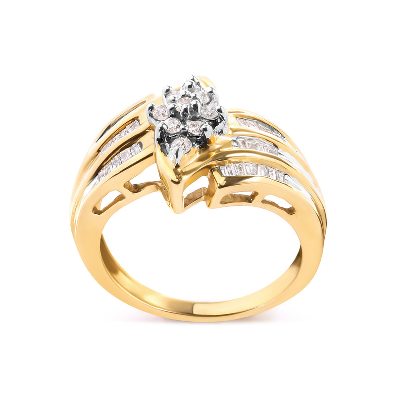 Bids.com 10K Yellow Gold 1/2 Cttw Round And Baguette-cut Diamond Cluster Head and Channel Set Shank Ring (H-I Color, I1-I2 Clarity) - Ring Size 7 Rings
