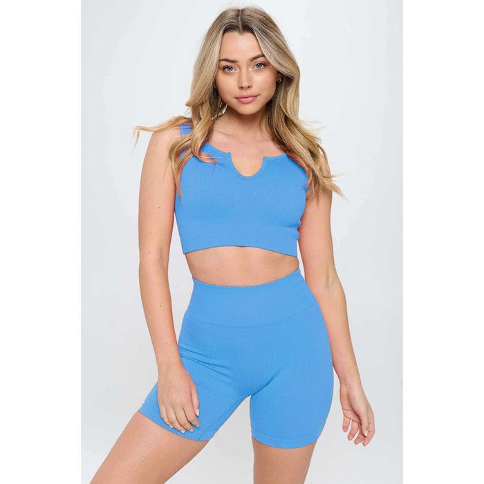 2 piece Seamless Ribbed Tank Top  Biker Shorts Set