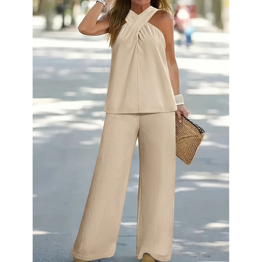 Crisscross Sleeveless Top and Wide Leg Pants Set