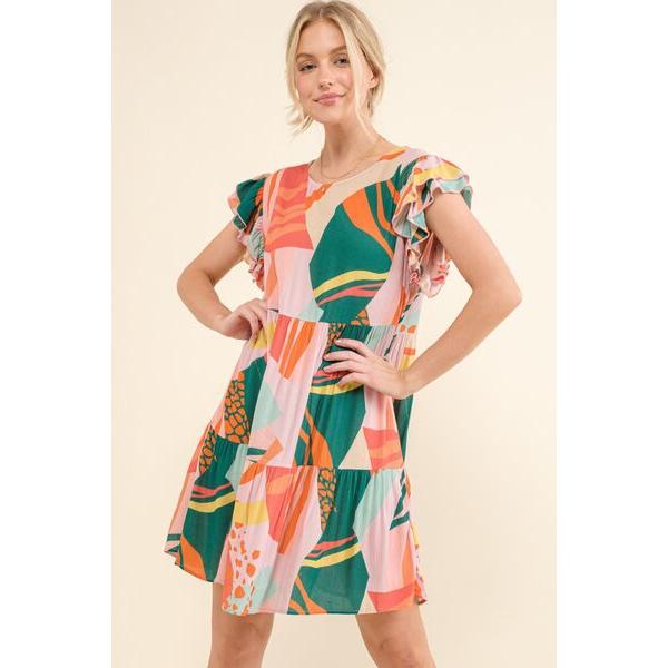 And The Why Printed Double Ruffle Sleeve Dress