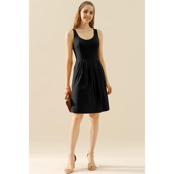 Doublju Round Neck Ruched Sleeveless Dress with Pockets