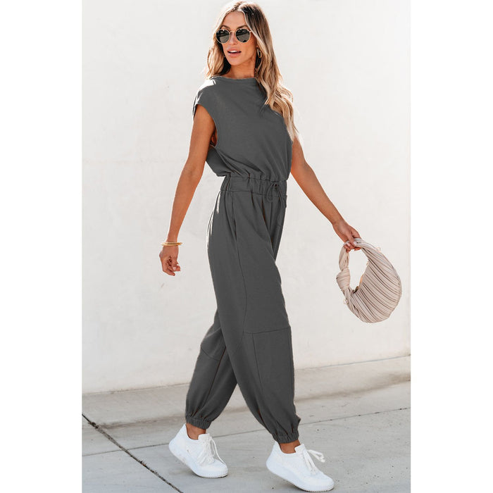 Cutout Drawstring Cap Sleeve Jumpsuit