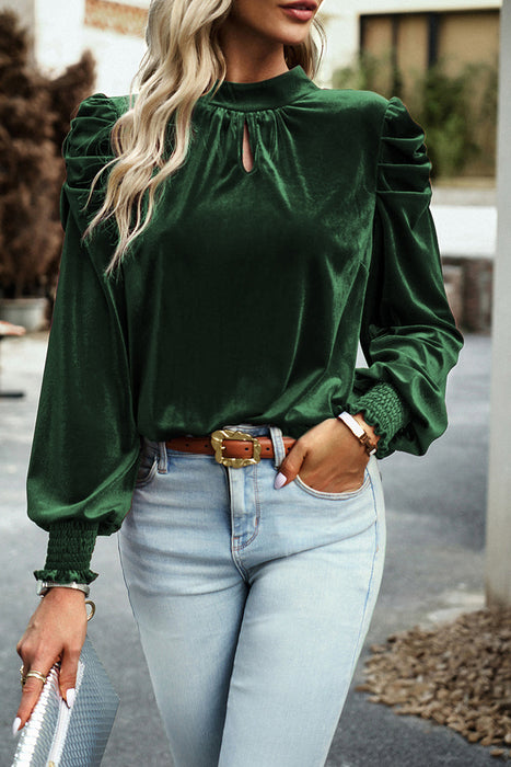 Tie Up Mock Neck Velvet Fabric Long Sleeve Blouse