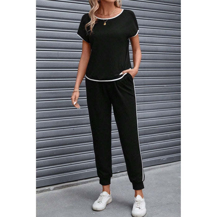 Contrast Trim Round Neck Top and Pants Set