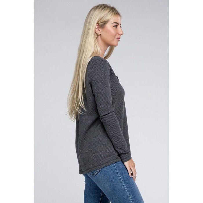 Melange Baby Waffle V-Neck Long Sleeve Top