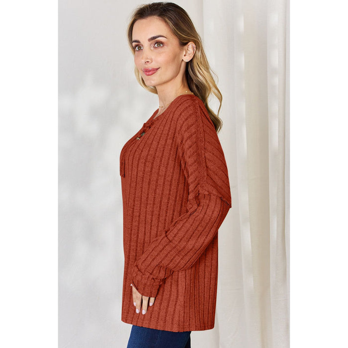 Basic Bae Ribbed Half Button Long Sleeve T-Shirt