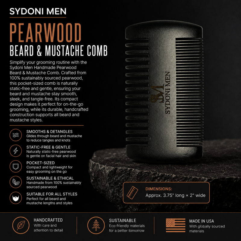 Sydoni Skincare and Beauty SYDONI MEN HANDMADE PEARWOOD BEARD & MUSTACHE COMB | Smooth & Tame Facial Hair Beard Men Black