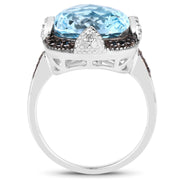 Bids.com 8.29 Carat Genuine Swiss Blue Topaz, Black Diamond & White Diamond .925 Sterling Silver Ring Rings