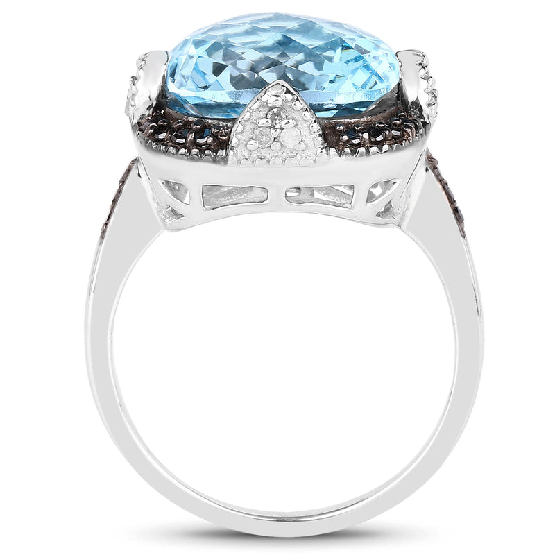 Bids.com 8.29 Carat Genuine Swiss Blue Topaz, Black Diamond & White Diamond .925 Sterling Silver Ring Rings