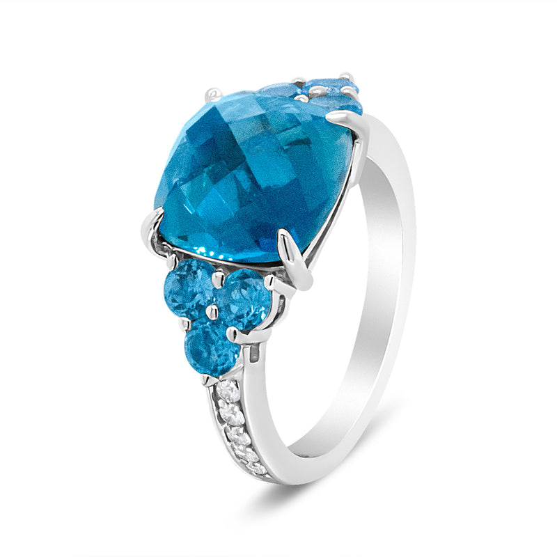 Bids.com 18K White Gold 10mm Cushion Shaped Blue Topaz and 1/6 Cttw Diamond 3 Stone Style Ring (F-G Color, VS1-VS2 Clarity) - Ring Size 6.5 Rings