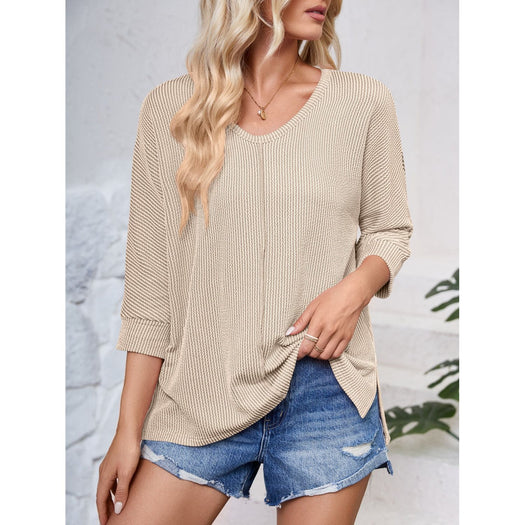 Textured Round Neck Three-Quarter Sleeve Blouse