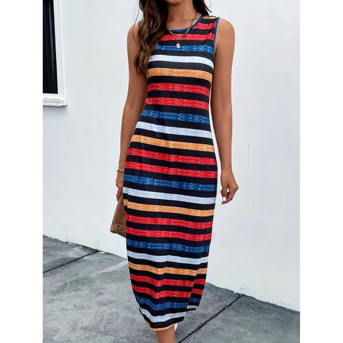 Slit Printed Round Neck Sleeveless Dress