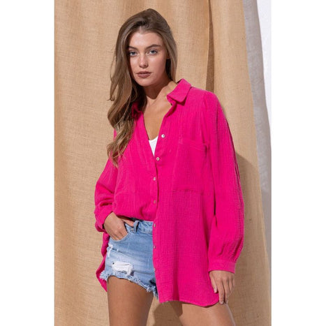 TEXTURED GAUZE BUTTON DOWN PUFF SLEEVES BLOUSE TOP