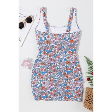 Drawstring Printed Wide Strap Swim Dress