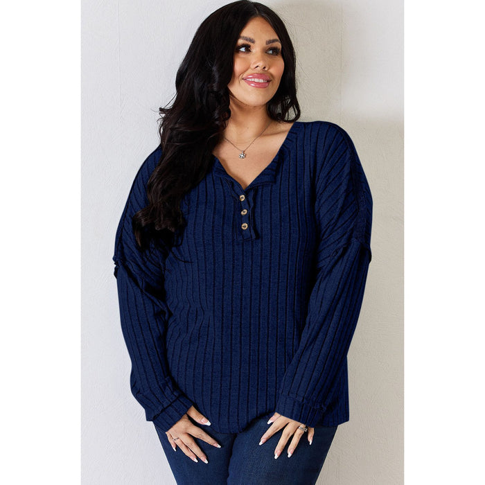 Basic Bae Ribbed Half Button Long Sleeve T-Shirt