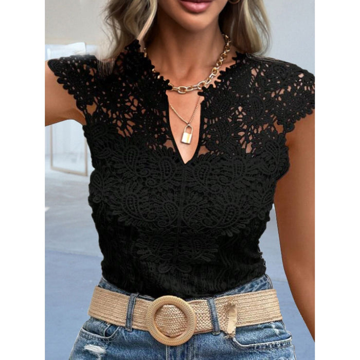 Cutout Lace Detail Notched Blouse