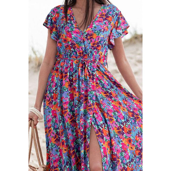 Slit Printed Cap Sleeve Maxi Dress