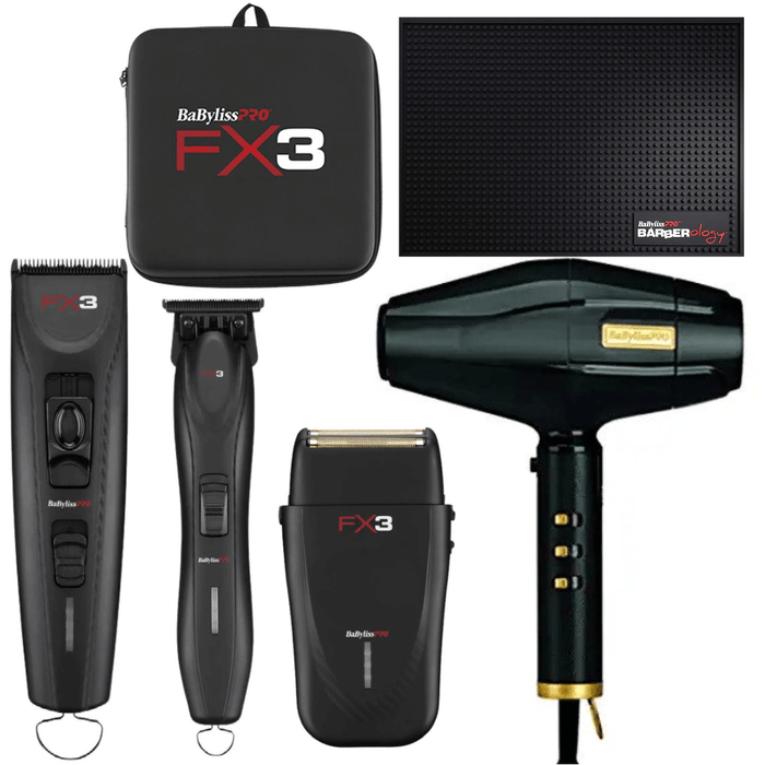 Babylisspro Fx3 Black Collection Combo Set Cord/Cordless Clipper Fxx3Cb & Trimmer Fxx3Tb & Shaver Fxx3Sb & Blackfx Dryer & Barber Mat & Travel Case Combo Set