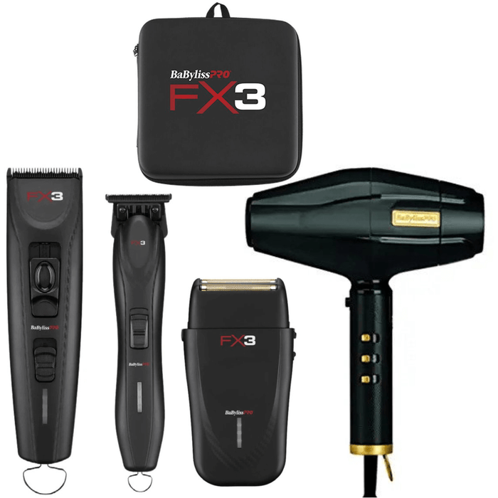 Babylisspro Fx3 Black Collection Combo Set Cord/Cordless Clipper Fxx3Cb & Trimmer Fxx3Tb & Shaver Fxx3Sb & Blackfx Dryer & Travel Case Combo Set