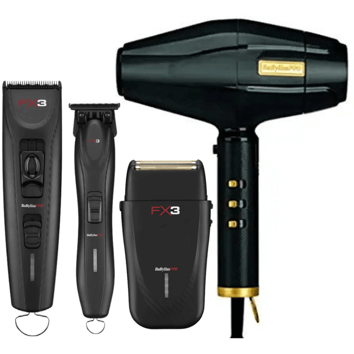 Babylisspro Fx3 Black Collection Combo Set Cord/Cordless Clipper Fxx3Cb & Trimmer Fxx3Tb & Shaver Fxx3Sb & Blackfx Dryer Combo Set