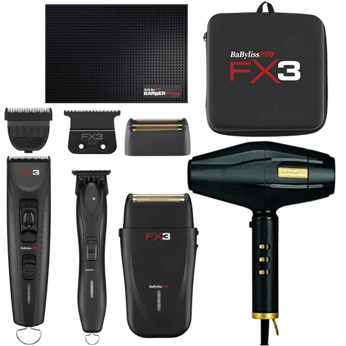 Babylisspro Fx3 Black Collection Combo Set Cord/Cordless Clipper Fxx3Cb & Trimmer Fxx3Tb & Shaver Fxx3Sb & Blackfx Dryer & Barber Mat & Travel Case & Replacement Blades & Foil Shaver Combo Set