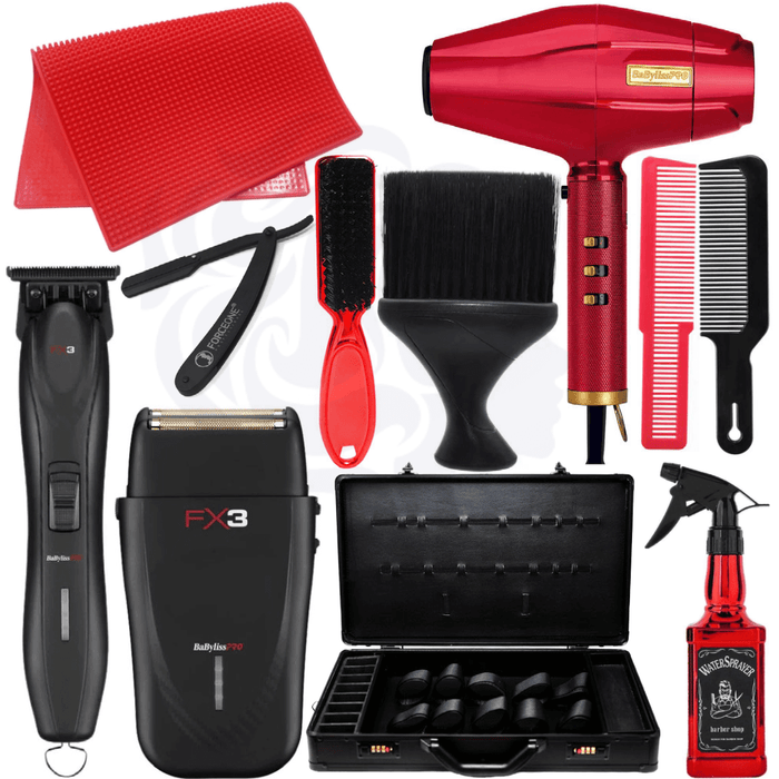 Babylisspro Professional Black & Red Combo Set, Fx3 Collection Cord/Cordless Trimmer Fxx3Tb & Shaver Fxx3Sb & Redfx Dryer 1875 & Flat Top Combs & Barber Mat & Travel Case & Neck Duster & Fade Brush & Water Spray & Razor Bundle Kit