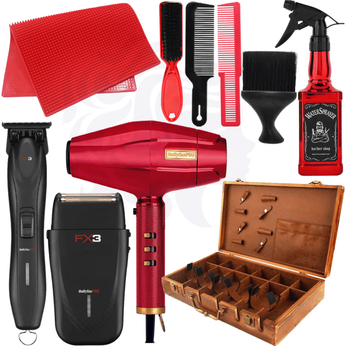 Babylisspro Professional Black & Red Combo Set, Fx3 Collection Cord/Cordless Trimmer Fxx3Tb & Shaver Fxx3Sb & Redfx Dryer 1875 & Flat Top Combs & Barber Mat & Travel Case & Neck Duster & Fade Brush & Water Spray Bundle Kit