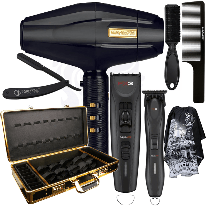 Babylisspro Fx3 Professional Black Collection Cord/Cordless Clipper Fxx3Cb & Trimmer Fxx3Tb & Blackfx 1875 Dryer & Barberology Clipper Comb #Bbckt6Bk & Travel Case & Barber Cape & Fade Brush & Razor Bundle Kit