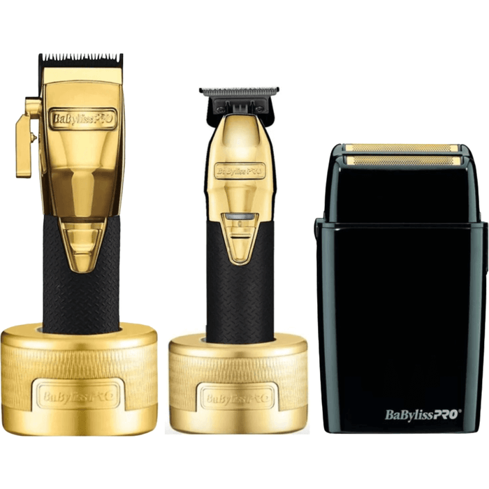 Babylisspro Goldfx Boost+ Metal Lithium Cordless Clipper #Fx870Gbp & Trimmer #Fx787Gbp With Charging Dock Stands & Double Foil Shaver Fxfs2B Combo Set