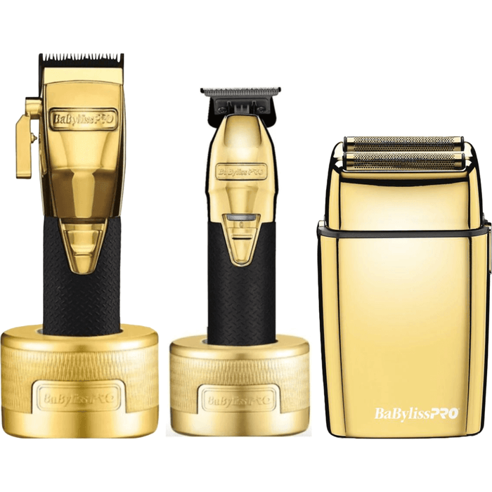 Babylisspro Goldfx Boost+ Metal Lithium Cordless Clipper #Fx870Gbp & Trimmer #Fx787Gbp With Charging Dock Stands & Double Foil Shaver Fxfs2G Combo Set