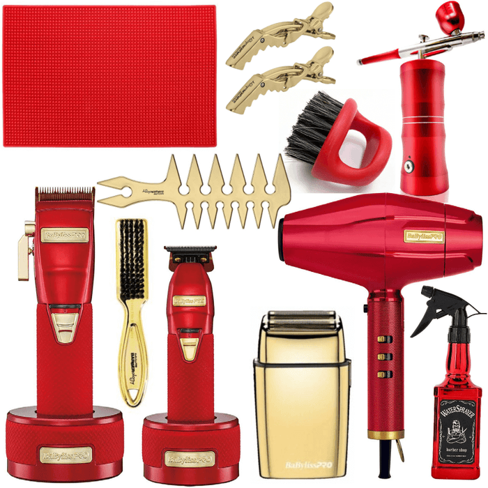 Professional Red & Gold Combo Set, Babylisspro Limitedfx Boost+ Clipper & Trimmer & Charging Base, Fxfs2G Foil Shaver, Hair Spray, Barber Mat, Hair Clipps, Styling Comb, Fade Brush, Finger Neck Duster, Air Brush System