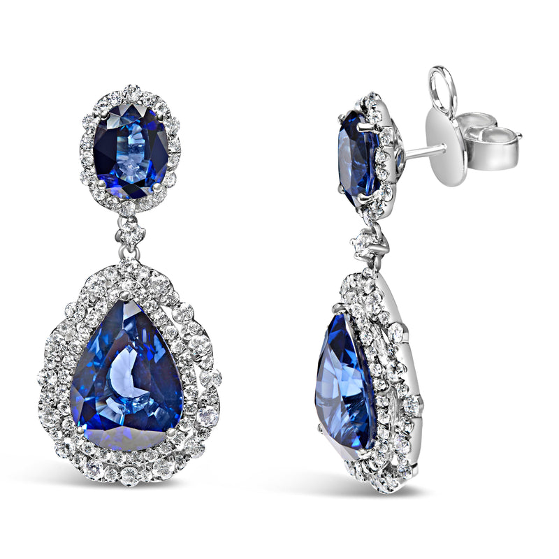 Bids.com 18K White Gold Blue Sapphire 2 3/4 Cttw Diamond Halo Drop Dangle Earring (G-H Color, SI1-SI2 Clarity) Earrings