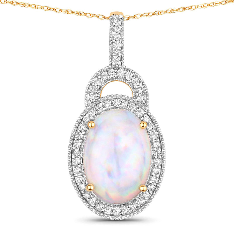 Bids.com 3.30 Carat Genuine Ethiopian Opal and White Diamond 14K Yellow Gold Pendant Pendants