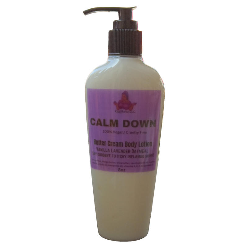KaziRokz CALM DOWN Butter Cream Body Lotion! Vanilla Lavender Oatmeal soothing Eczema and Extreme dry skin moisturizer. 100% Vegan/ Cruelty Free, 8oz Pump Bottle. Skin Care