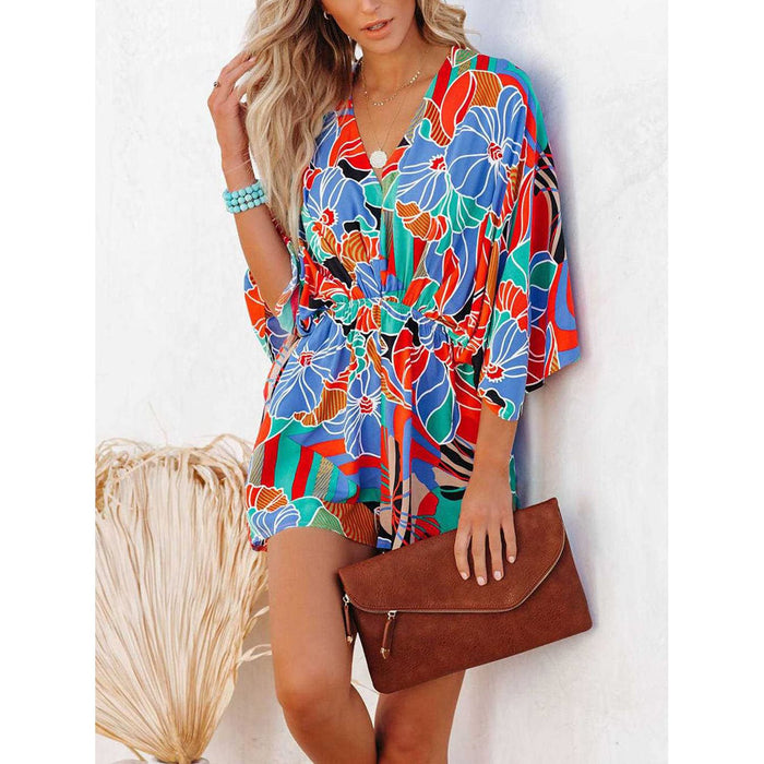 Tied Printed Kimono Sleeve Romper