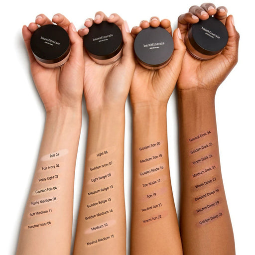 Nava Beauty bareMinerals Original Matte Loose Mineral Foundation Broad Spectrum SPF 15 Complexion White Smoke Fair 01,Fair Ivory 02,Fairly Light 03,Golden Fair 04,Fairly Medium 05,Neutral Ivory 06,Golden Ivory 07,Light 08,Light Beige 09,Medium 10,Soft Medium 11,Medium Beige 12,Golden Beige 13,Golden Medium 14,Neutral Medium 15,Golden Nude 16,Tan Nude 17,Medium Ta
