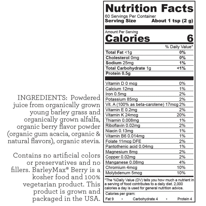 Hallelujah Diet BarleyMax - Berry Flavored (4.2oz) Dehydrated Juice Powder