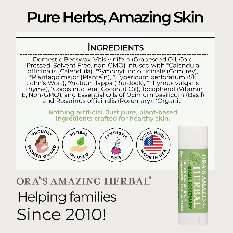 Ora's Amazing Herbal Natural Lip Balm, Herbal Infused, Basil Rosemary