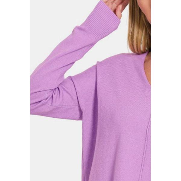 Zenana Slit V-Neck Dropped Shoulder Sweater