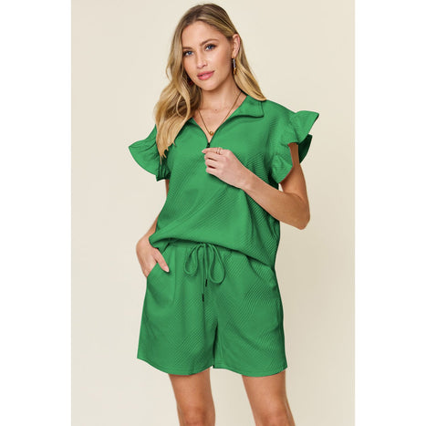 Texture Flounce Sleeve Top and Drawstring Shorts Set