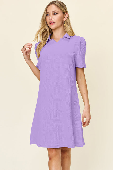 Double Take Texture Collared Neck Short Sleeve Dress