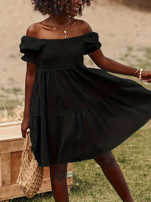 Ruched Ruffled Off-Shoulder Short Sleeve Dress