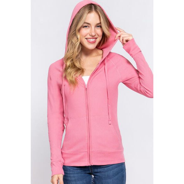 Waffle Knit Drawstring Zip Up Long Sleeve Hoodie