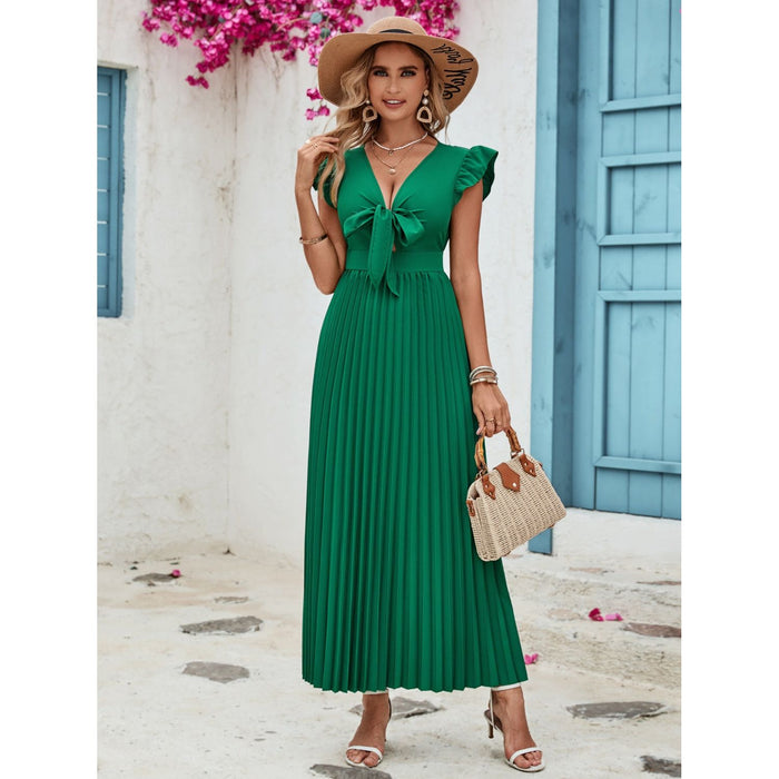 Tied Ruffled V-Neck Pleated Dress