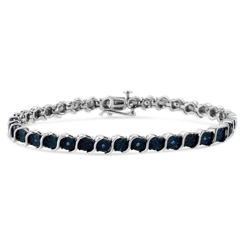 Bids.com .925 Sterling Silver 1/10 Cttw Miracle-Set Treated Blue Color Diamond Miracle Plate "S" Link Tennis Bracelet (Blue Color, I2- I3 Clarity) - 7.25" Bracelets