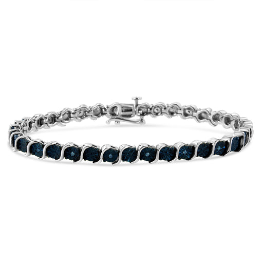 Bids.com .925 Sterling Silver 1/10 Cttw Miracle-Set Treated Blue Color Diamond Miracle Plate "S" Link Tennis Bracelet (Blue Color, I2- I3 Clarity) - 7.25" Bracelets