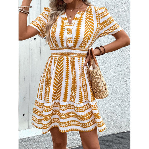 Geometric Notched Short Sleeve Mini Dress